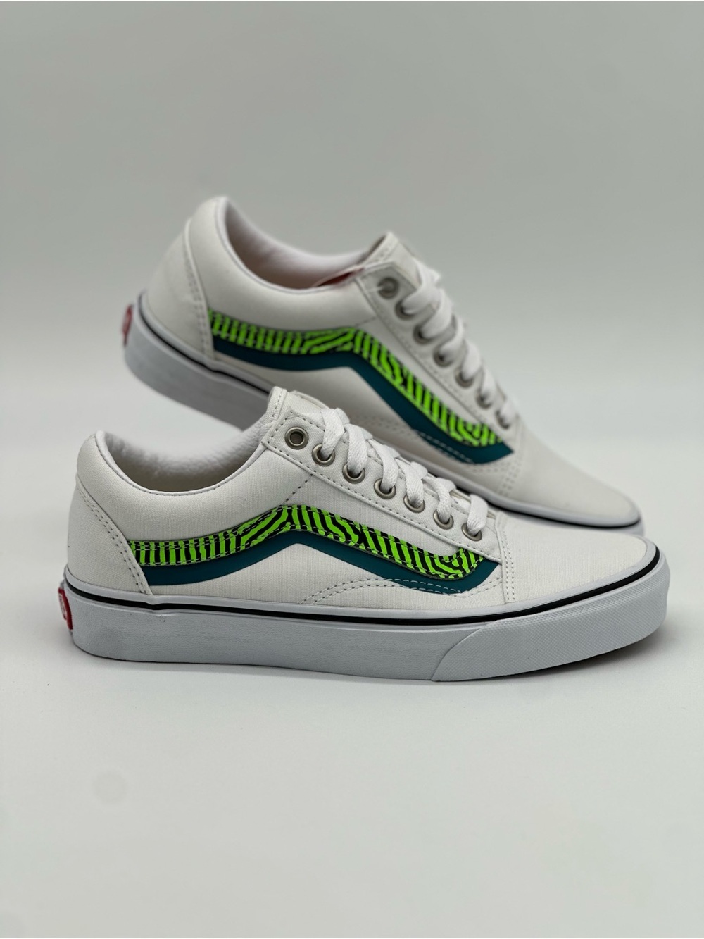 Vans White Sneakers with Neon Green & Teal Wave Stripe